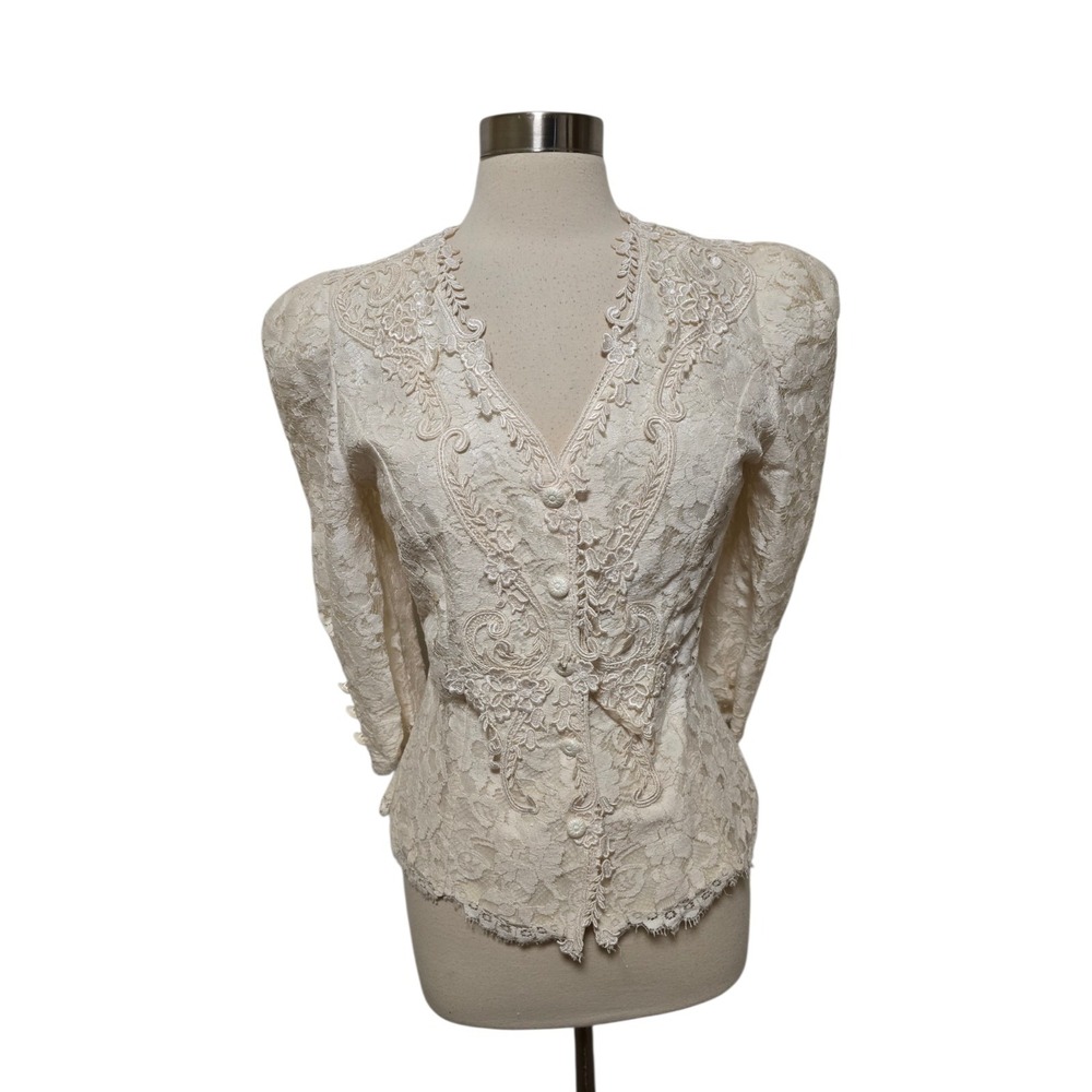 Womens 90s Vintage Lace Blazer Jacket Size 9/10  Victorian Cachet White Cottagec